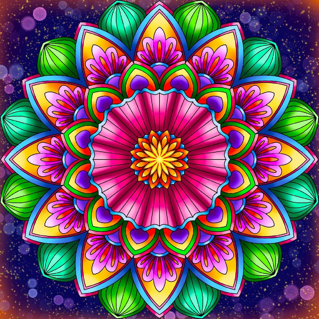 Colorful mandala with pink flower petals, green leaves, and rainbow geometric patterns on purple starry background