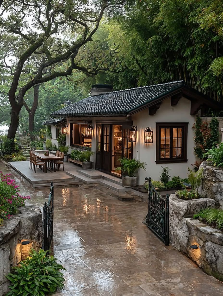 Small garden house with lit windows beside a wet stone walkway and lush trees