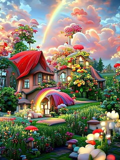 Colorful cottage with red roof, rainbow, blooming gardens, and vibrant cloudy sky in fantasy illustration style