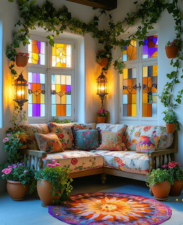 Bright room with multicolored stained glass windows, wicker couch with floral pillows, plants, and mandala rug