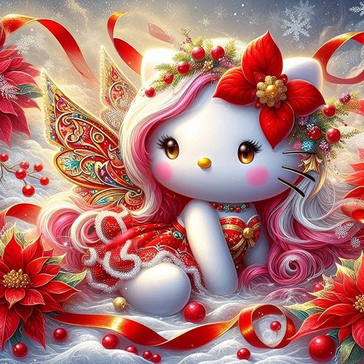 Hello Kitty character with Christmas bow, poinsettias, candy canes, and ornate golden wings on festive red background