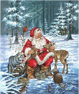 Santa Claus kneeling in winter forest with deer, rabbits, raccoon and birds in snow