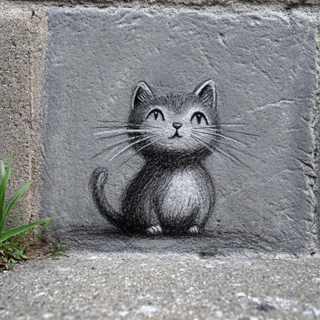 Cute cartoon kitten drawn in chalk or charcoal on a gray concrete wall as street art