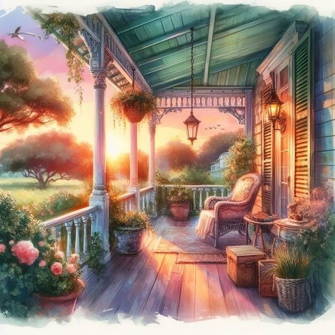 Watercolor painting of a cozy front porch at sunset with wicker chairs, hanging lantern, and blooming flowers