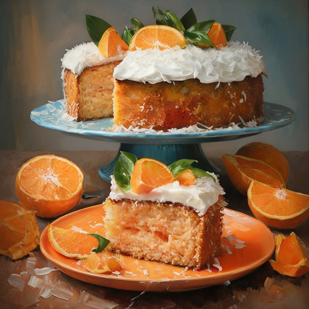 Layered orange cake topped with white frosting, orange slices, and green leaves on a blue cake stand