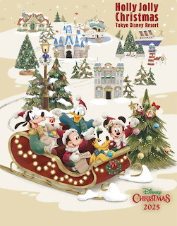 Disney characters Mickey Mouse and friends riding a decorated sleigh in a winter Christmas scene with castle and trees