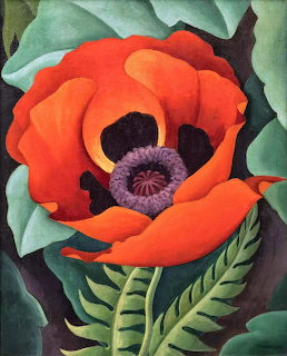Modernist painting of a large red-orange poppy flower with purple center and green foliage