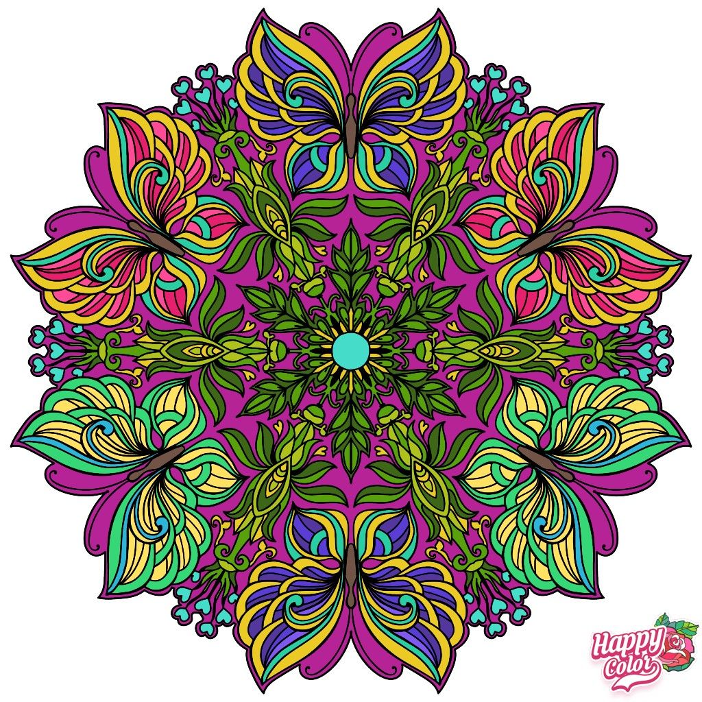 Colorful mandala with butterfly and floral motifs in purple, green, yellow, and blue