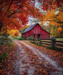 Autumn Country Road and Old Barn