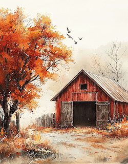 Watercolor painting of a red wooden barn beside a vibrant orange autumn tree with birds in the sky
