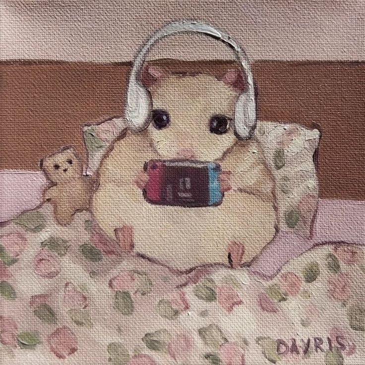 Fluffy yellow chick wearing headphones and holding phone on pink floral blanket with tiny teddy bears