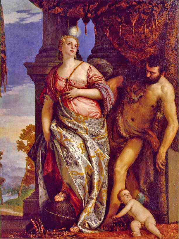 Renaissance allegorical painting with draped woman, nude male figure, and cherub against architectural backdrop