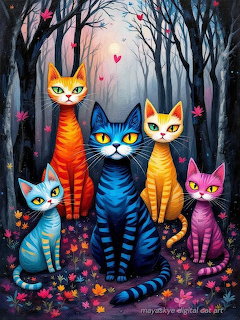 Five colorful striped cats sitting together in a dark forest with pink hearts floating above