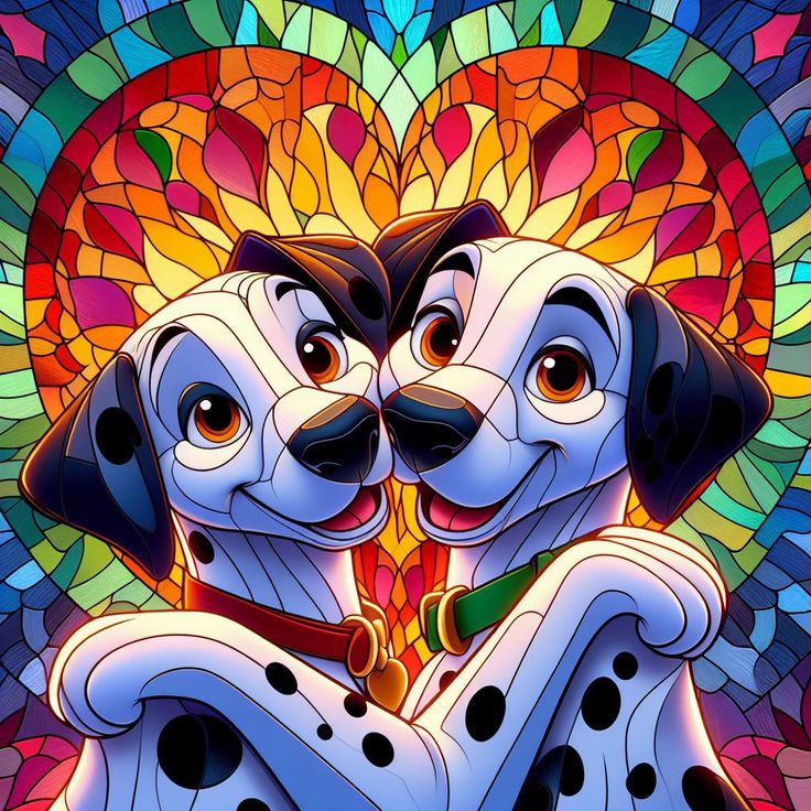 Two smiling dalmatian puppies with a colorful stained glass heart background