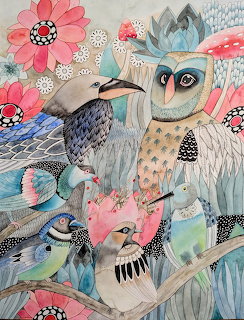 Colorful illustrated birds with pink flowers and patterned foliage