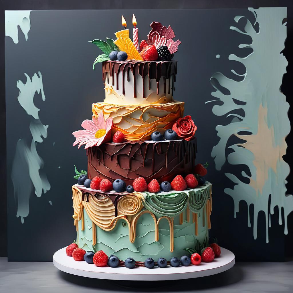 Multi-tiered decorative cake with chocolate drips, berries, macarons, and flower decorations