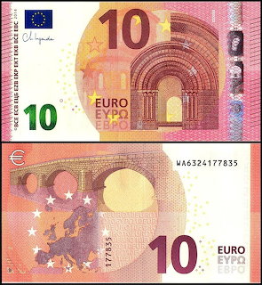 Front and back sides of a 10 euro banknote displayed on white background