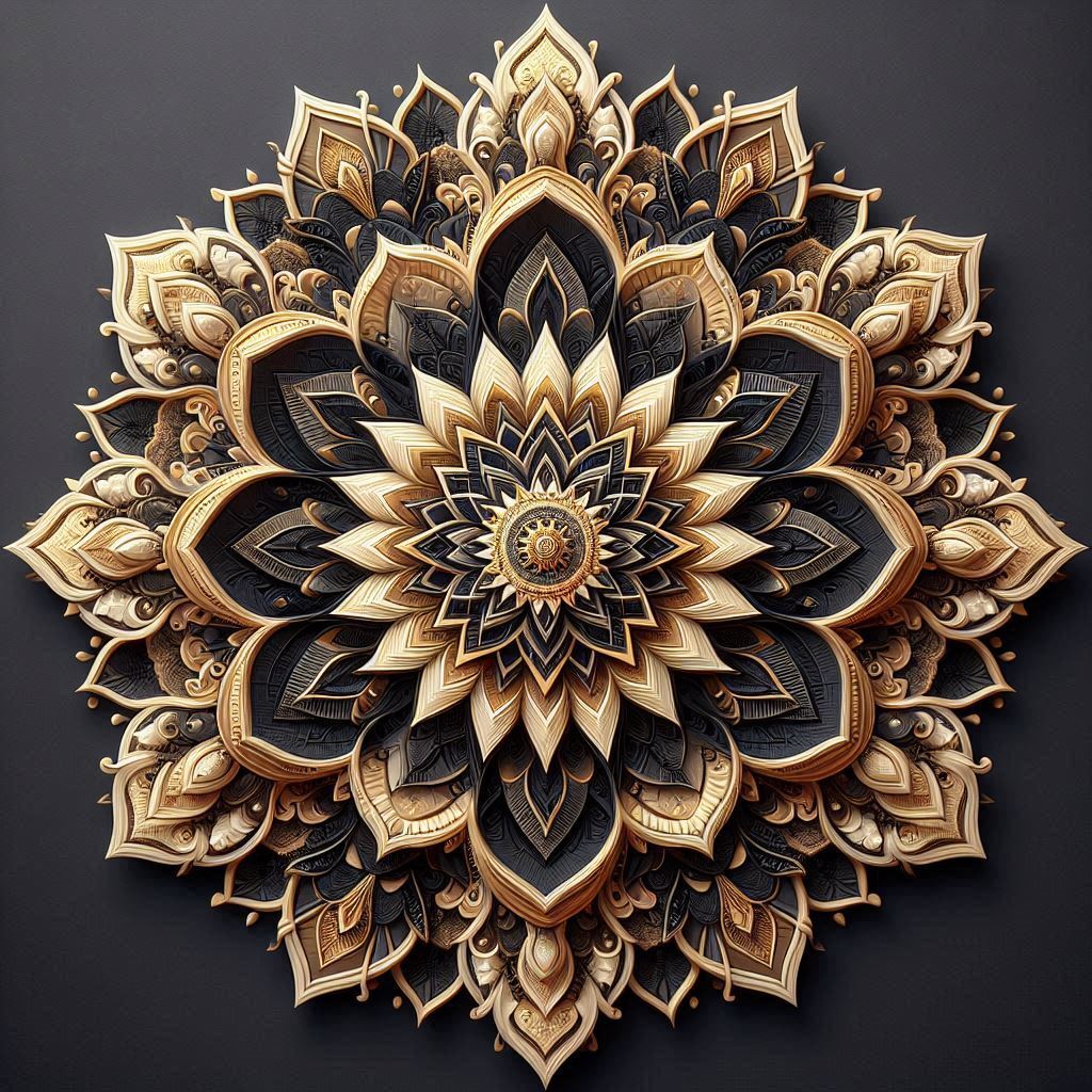 Ornate gold and black mandala with dimensional layered petals in symmetrical pattern