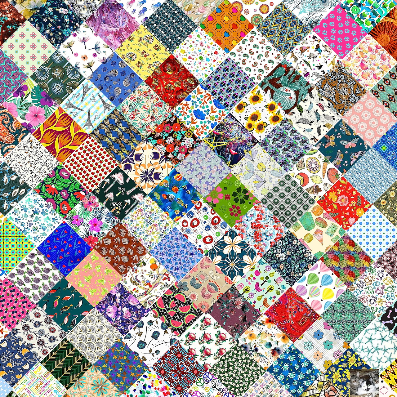 Colorful patchwork quilt with diamond patches showing various floral, geometric, and abstract patterns