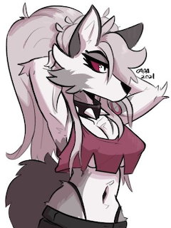 Animated hellhound character Loona with gray fur, red eyes, and pink hair in punk style outfit