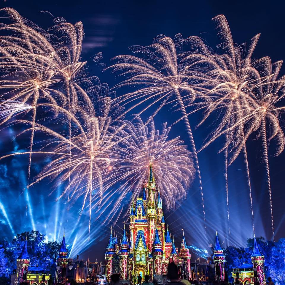 Fireworks exploding above a brightly lit castle with blue spotlights at night