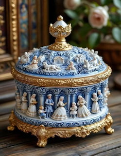 Ornate blue and white porcelain box with gold trim and relief figurines on a wooden surface