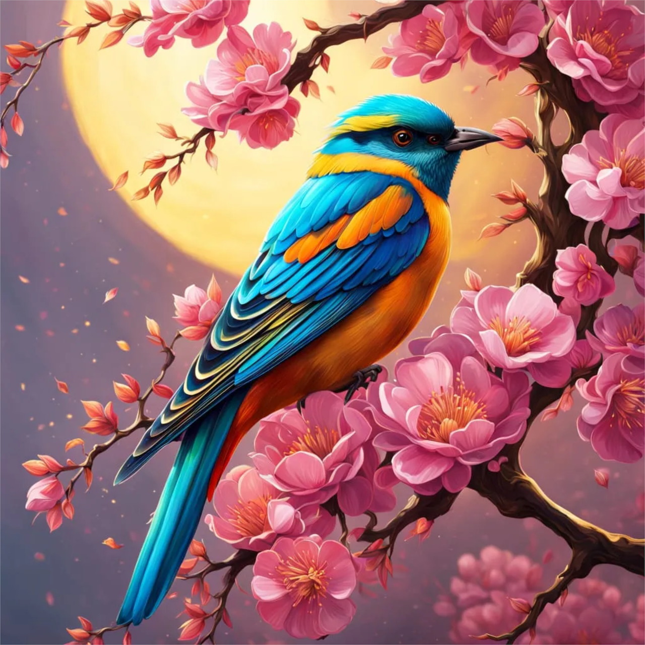 Colorful blue bird sitting on pink cherry blossom branch at sunset