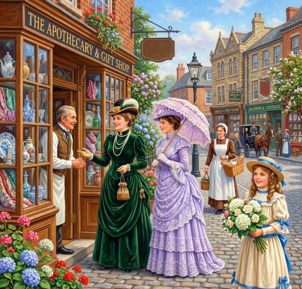 Victorian women in elegant dresses standing outside a traditional apothecary shop on a cobblestone street