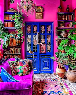 Vibrant pink-walled library room with blue ornate door, purple velvet sofa, bookshelves, and tropical plants