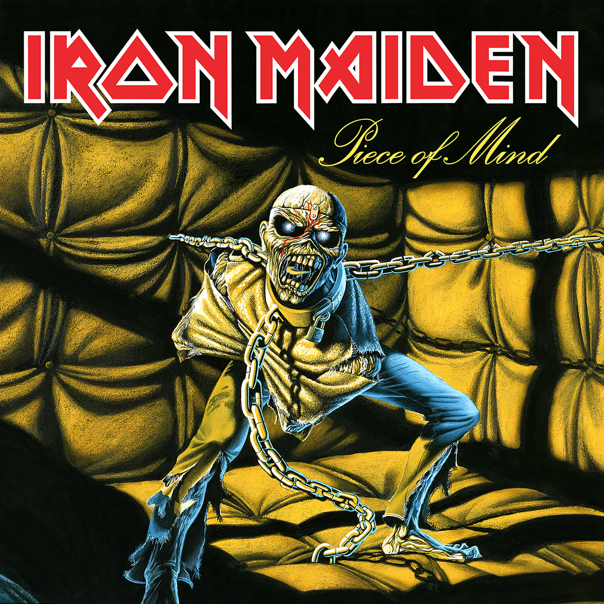 Iron Maiden Piece of Mind album cover with Eddie mascot chained in front of padded yellow wall