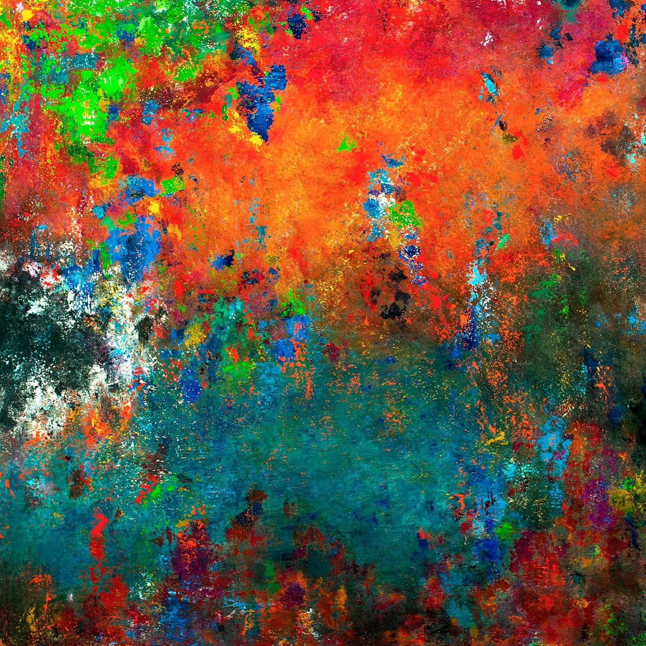 Abstract painting with vibrant red, orange, green, and blue paint splatters on textured surface