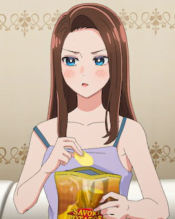 Anime girl with long brown hair and blue eyes holding a yellow snack package