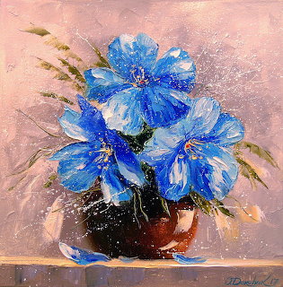 Impressionist painting of bright blue flowers in a brown vase with wheat stalks on a pink background