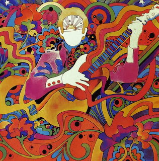 Colorful psychedelic illustration of a guitarist surrounded by swirling abstract patterns and flowers