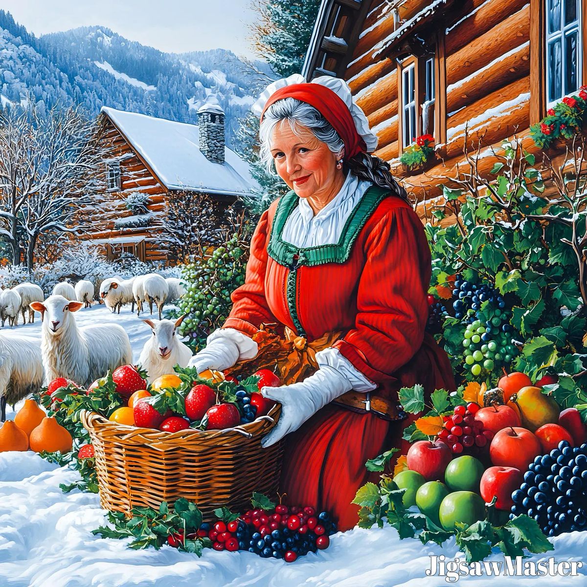 Woman in traditional red dress with fruit basket by log cabin in snow with sheep and mountains