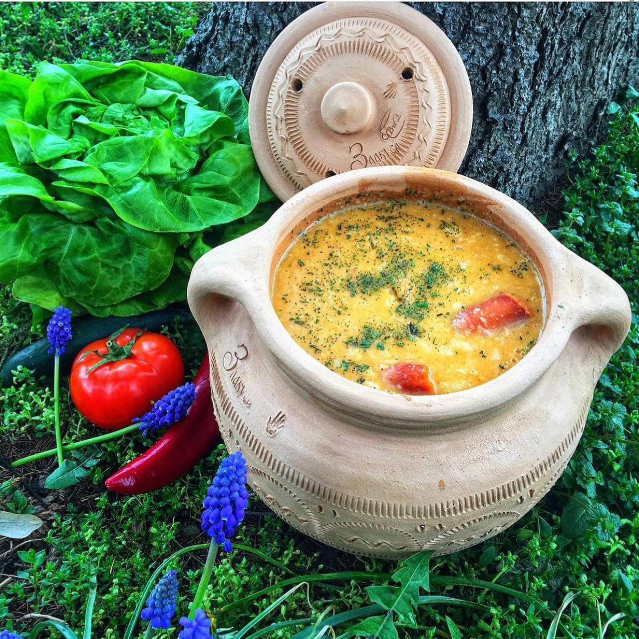 Creamy herb stew in ceramic pot with fresh vegetables and greens
