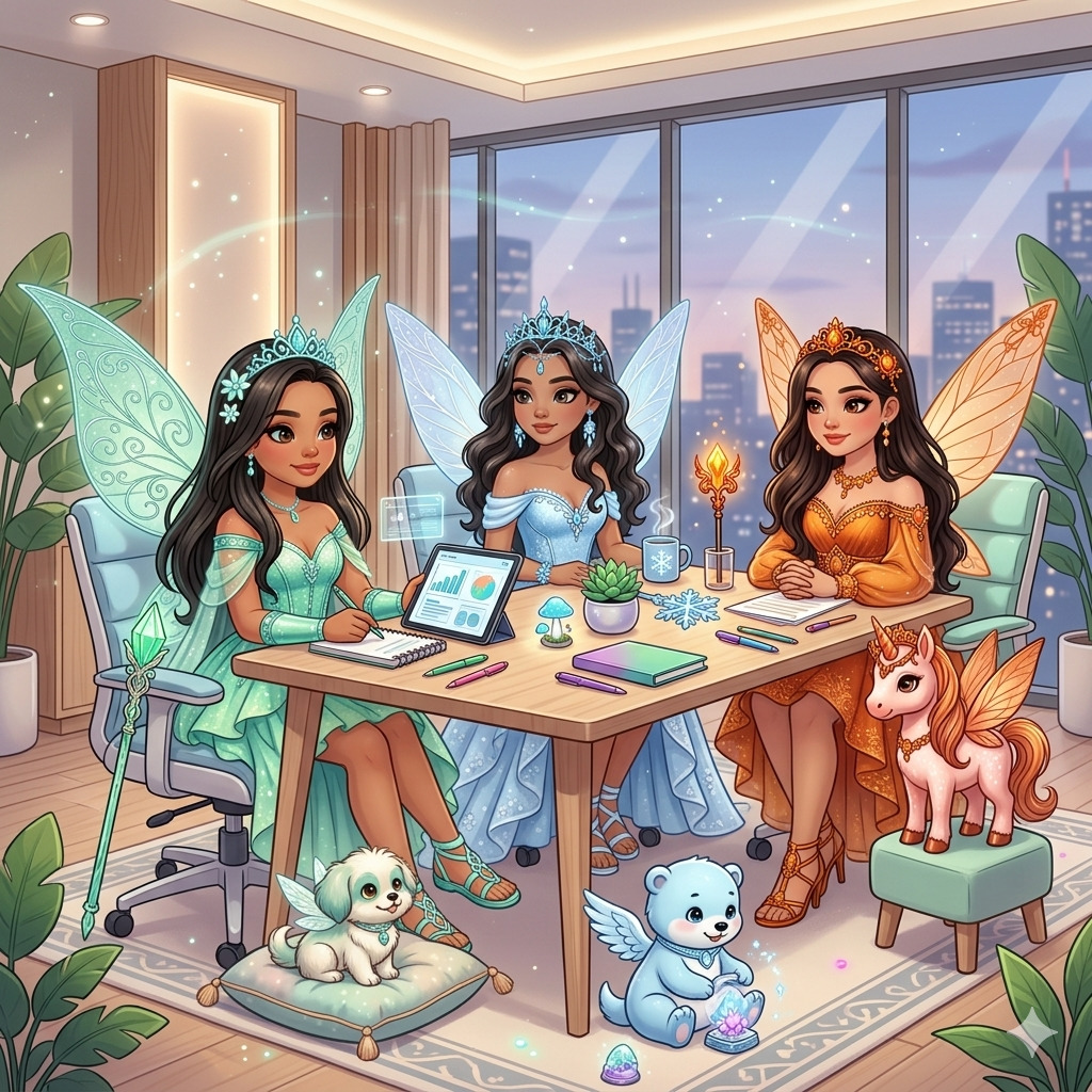 Three fairy girls with wings sitting at a table indoors with candles, crafts, and small pets
