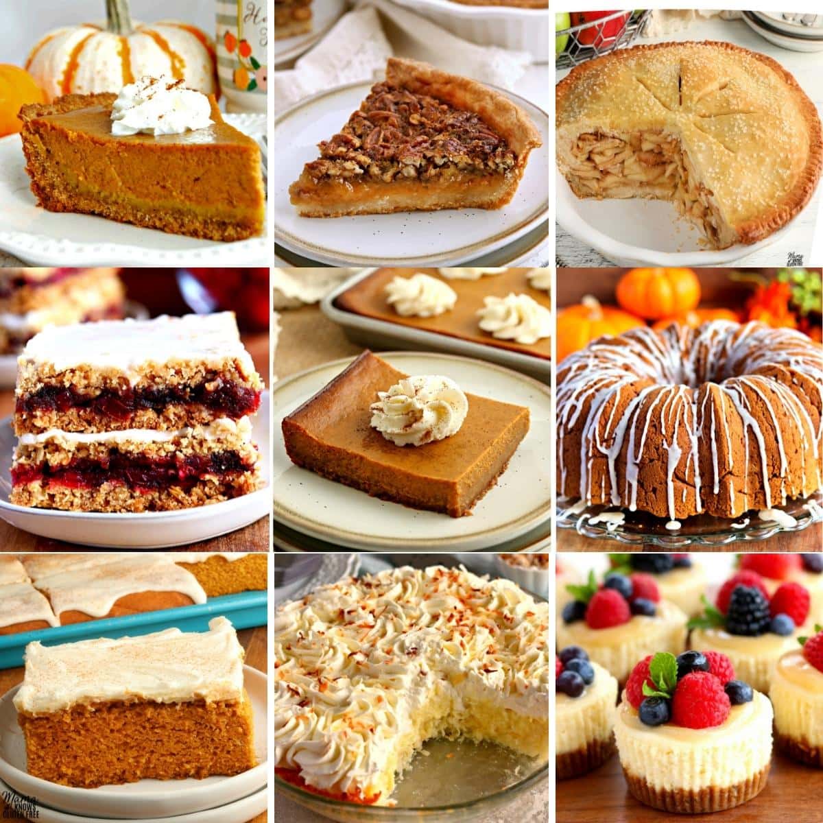 Nine autumn desserts arranged in grid: pumpkin pie, pecan pie, cakes with seasonal garnishes and frosting