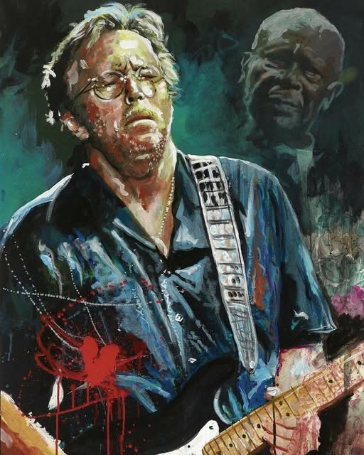 Painted portrait of a man playing electric guitar with another figure in the background