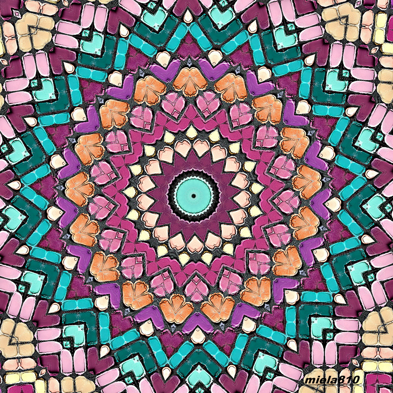 Symmetrical mandala with geometric patterns in pink, teal, orange, and purple colors radiating from center
