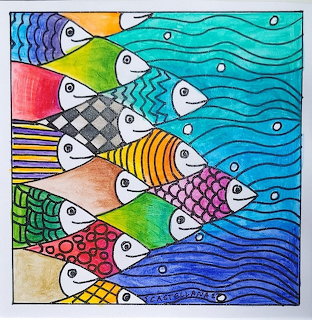 Colorful fish with geometric patterns arranged in rows against wavy blue water background