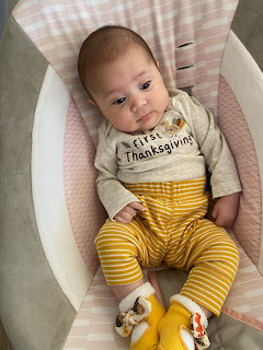 Baby lying in a cushioned infant bouncer wearing yellow striped pants and animal socks