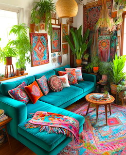 Bohemian living room with turquoise sofa, colorful pillows, plants, and patterned textiles