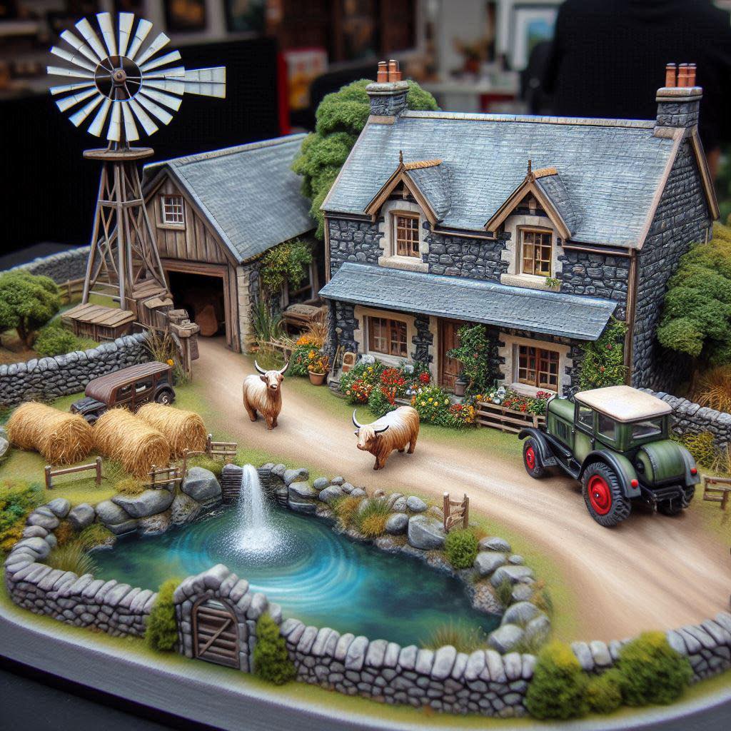 Detailed miniature farm diorama with cottage, windmill, animals, pond, and green tractor
