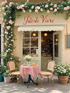 French café entrance with Joie de Vivre sign, pink roses, awning, bistro table and chairs