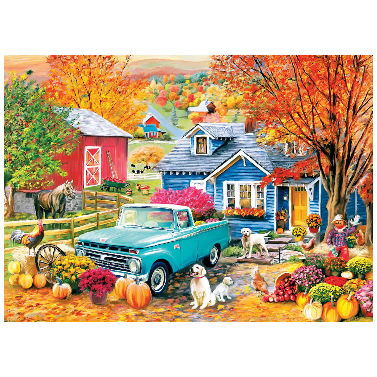 Autumn countryside scene with vintage truck, cottage, barn, pumpkins and colorful fall trees