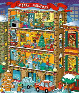 Cartoon cross-section of apartment building with Christmas decorations and people celebrating in different rooms
