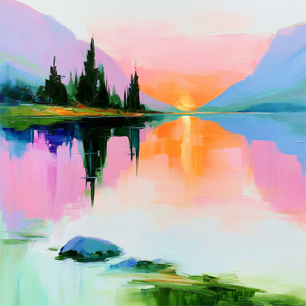 Colorful painting of island with trees reflected in tranquil lake water at dawn with pink and orange sky and mountains