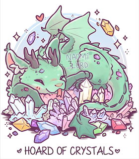 Cute green cartoon dragon sitting on a pile of colorful crystals and gems in chibi art style