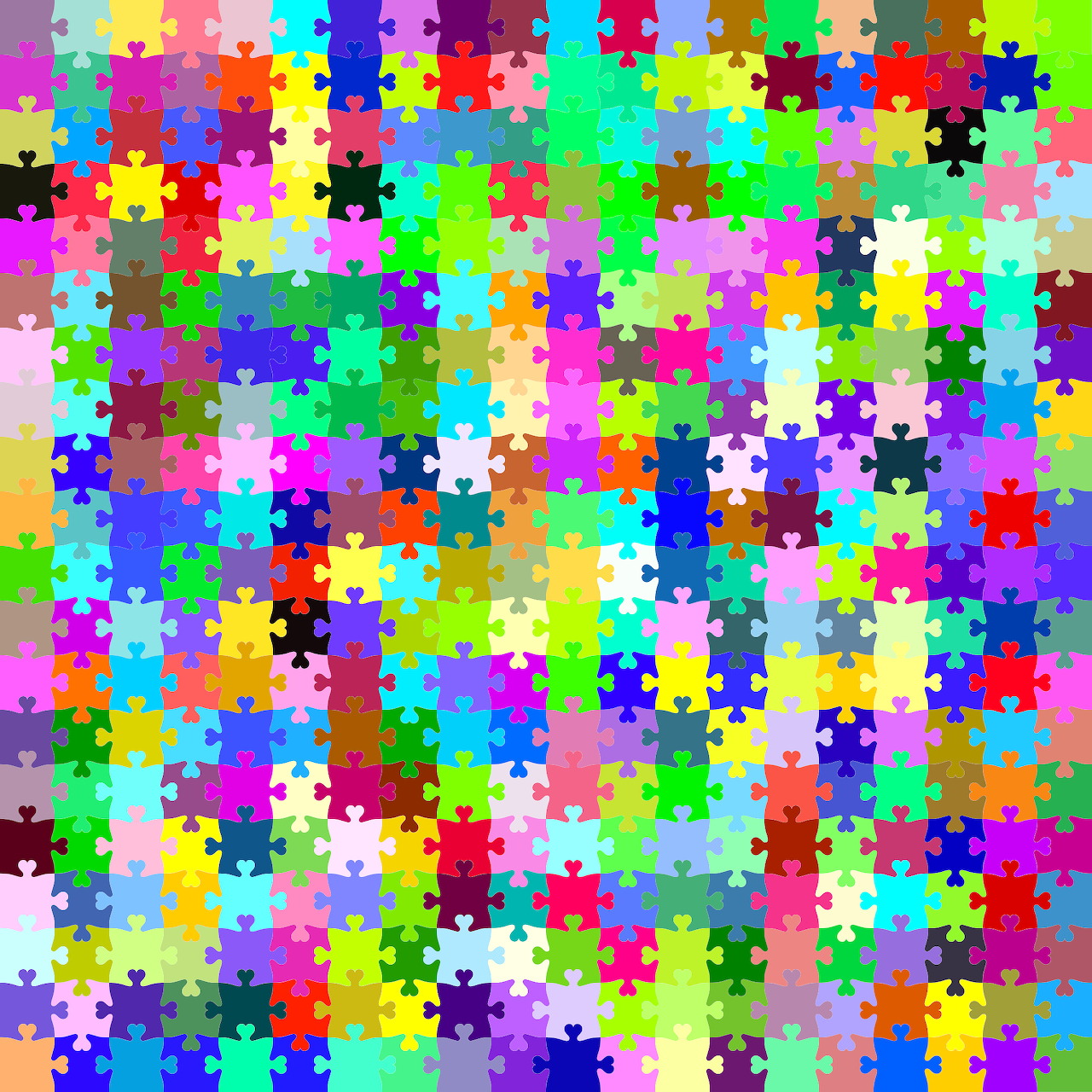 Grid of brightly colored jigsaw puzzle pieces in every color of the rainbow